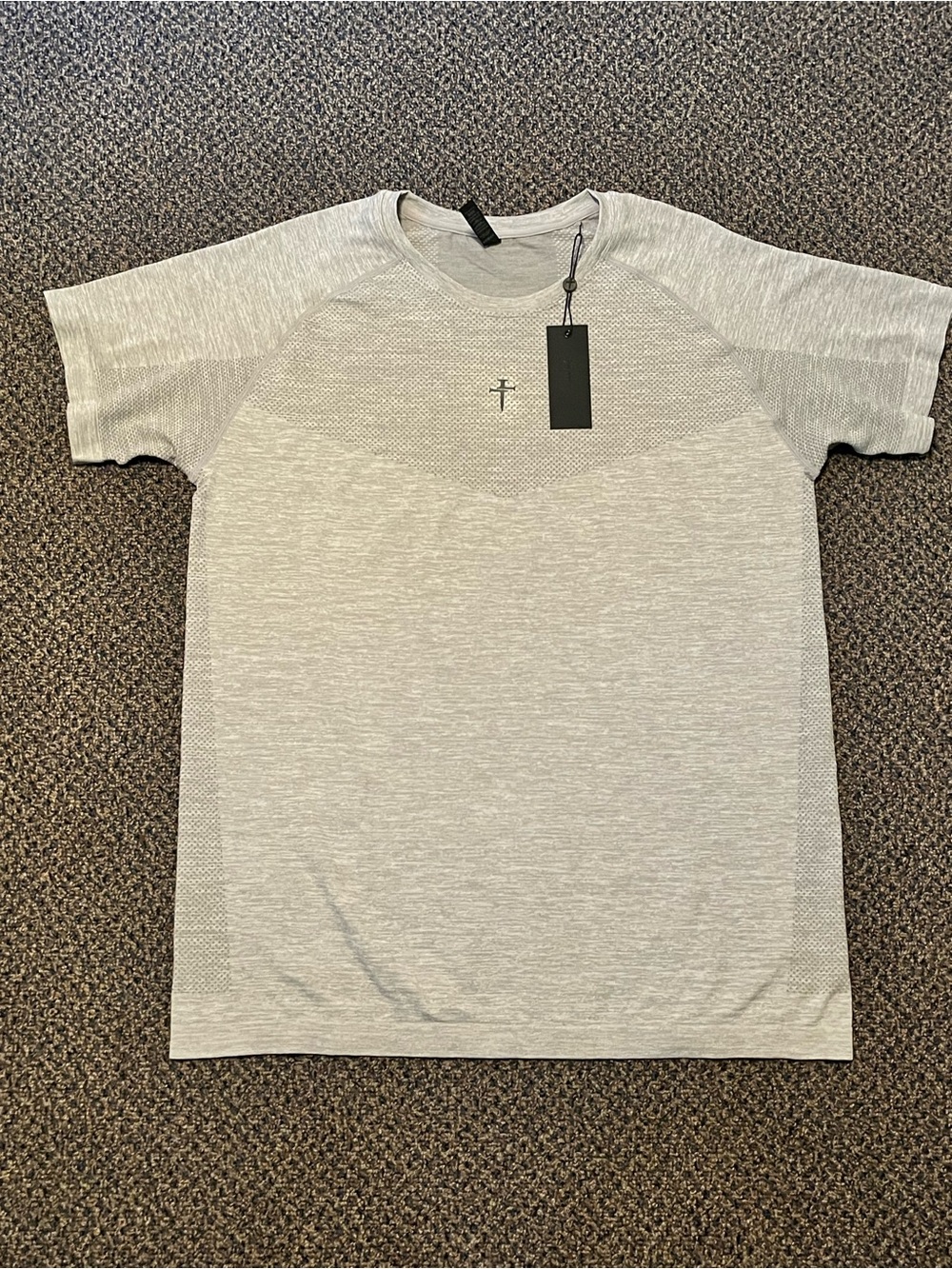 Three Nails Men's Short Sleeve Crew Tee in Light Gray with Subtle Cross Accent